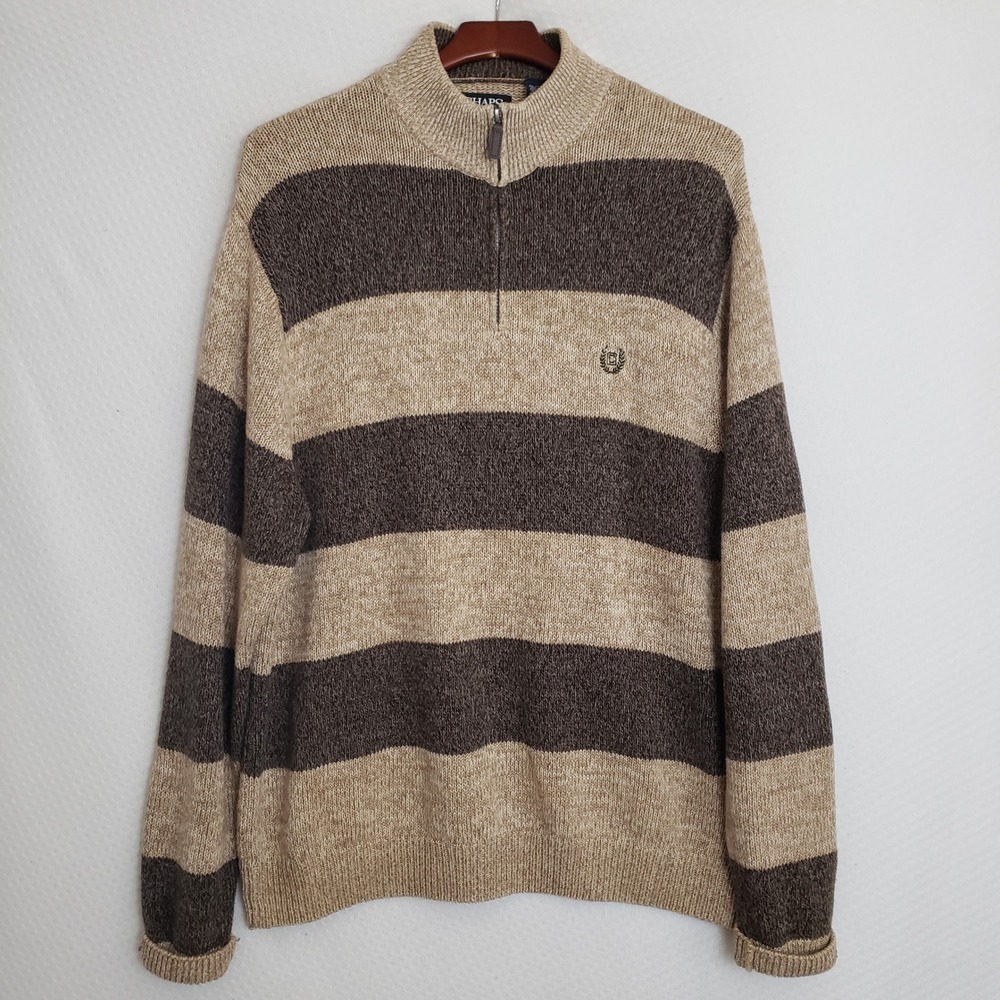 Chaps Mens Striped Quarter Zip‎ Sweater XL Brown Cotton Pullover Comfy Grandpa